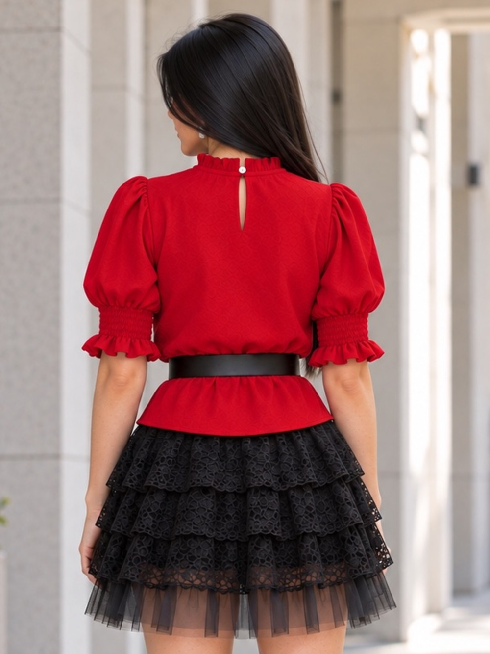 Vintage Les Amis Red Ruffle Neck Puff Sleeve Smocked Cuff Blouse Cottagecore L - Picture 5 of 12